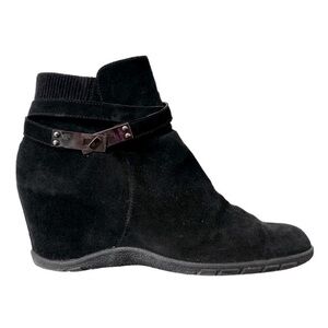 Aquatalia Love Booties Slimline Sexy Black Suede Wedge Belted Ankle Boot Size 11